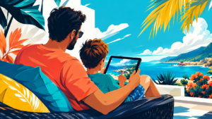 Un parent et un enfant regardant ensemble une tablette en été.