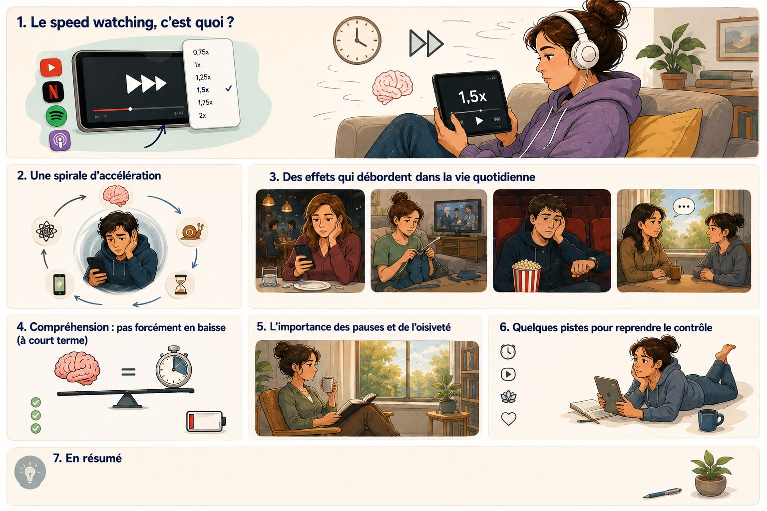 Infographie : le speed watching en 7 points (definition, spirale d-acceleration, effets, comprehension, pauses, pistes, resume)