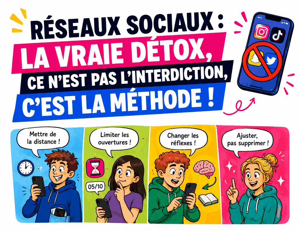 Infographie : quatre stratégies de détox numérique — mettre de la distance, limiter les ouvertures, changer ses réflexes, ajuster sans supprimer