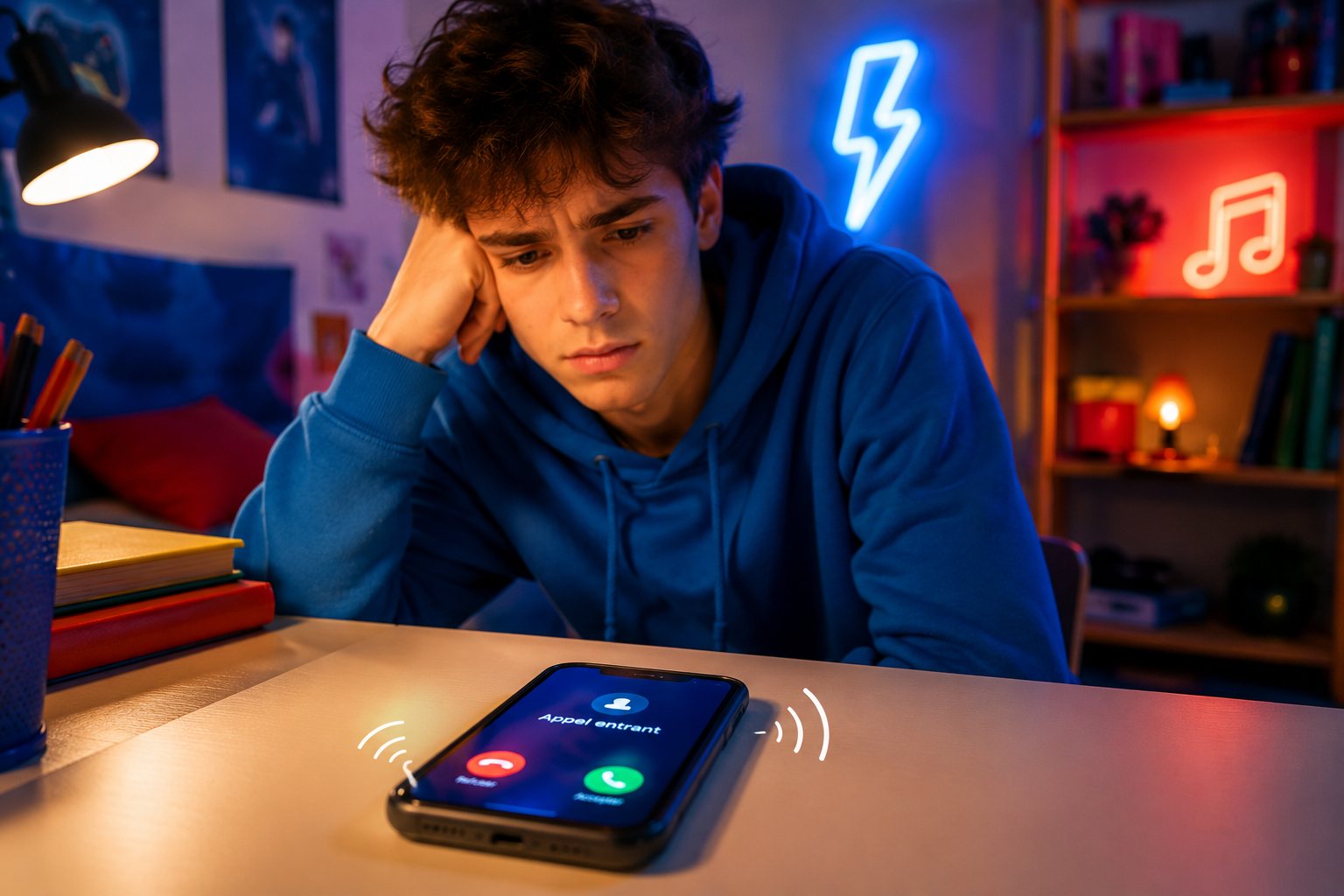 Jeune adulte regardant son smartphone qui sonne, posé sur le bureau, sans le prendre en main