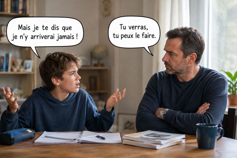 Un adolescent affirme qu'il n'y arrivera jamais tandis qu'un adulte, bras croisés, tente de le convaincre du contraire
