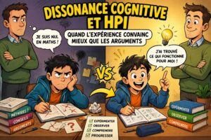 Illustration BD : un adolescent découragé devant ses exercices puis le même adolescent ayant trouvé une méthode qui fonctionne