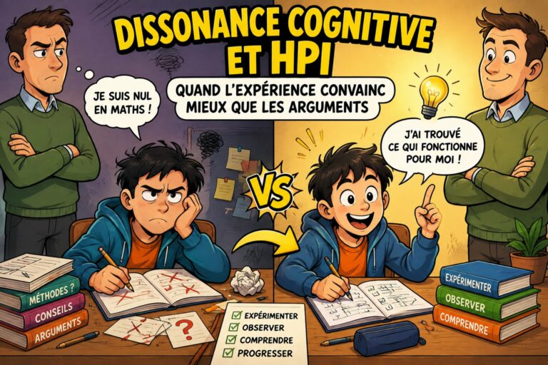 Illustration BD : un adolescent découragé devant ses exercices puis le même adolescent ayant trouvé une méthode qui fonctionne