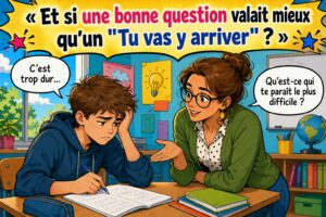 Enseignante penchée vers un élève découragé : au lieu de l'encourager, elle lui demande ce qui lui paraît le plus difficile.