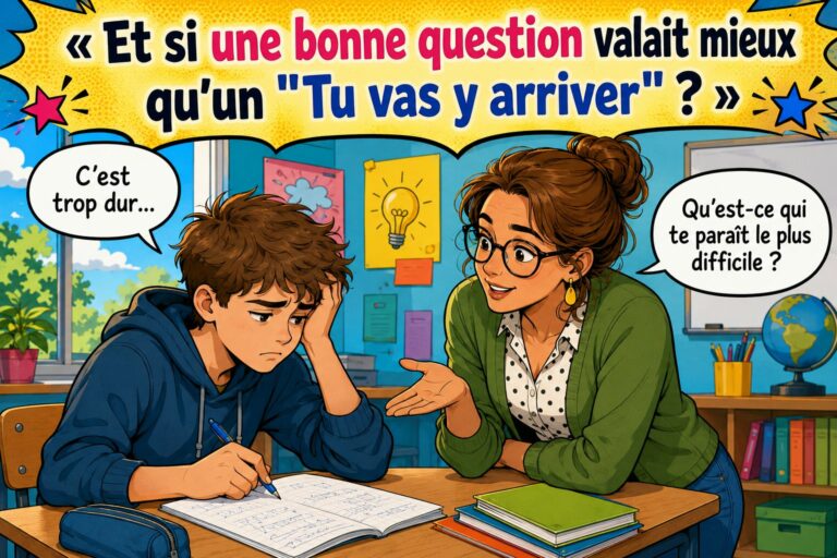 Enseignante penchée vers un élève découragé : au lieu de l'encourager, elle lui demande ce qui lui paraît le plus difficile.