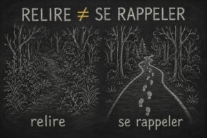 Tableau noir : deux sentiers dessinés à la craie sous le titre « Relire ≠ se rappeler », l'un presque effacé par la végétation, l'autre bien tracé.