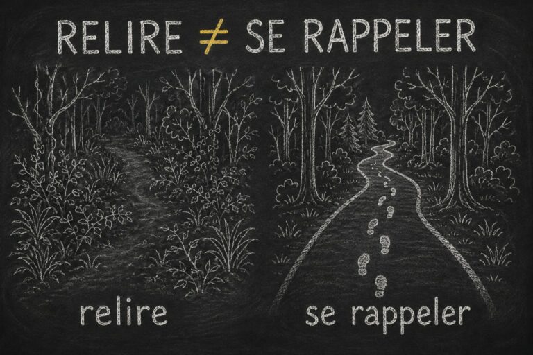 Tableau noir : deux sentiers dessinés à la craie sous le titre « Relire ≠ se rappeler », l'un presque effacé par la végétation, l'autre bien tracé.