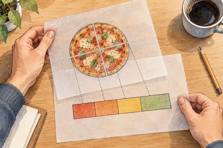 Deux calques superposés sur un bureau, une pizza en parts et une barre graduée aux découpes alignées, tenus par des mains d'adulte.