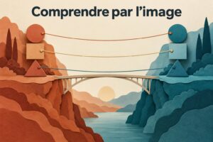 Deux rives en papier découpé reliées par un pont, sous le titre « Comprendre par l'image ».