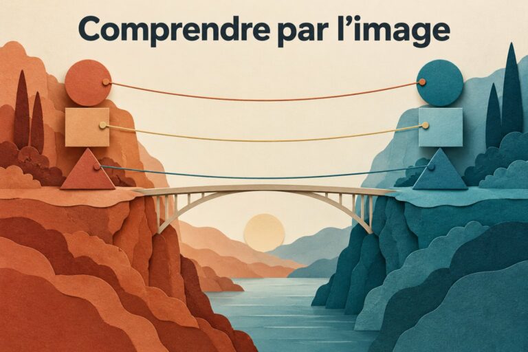 Deux rives en papier découpé reliées par un pont, sous le titre « Comprendre par l'image ».