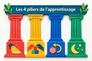 Quatre colonnes en papier découpé, rouge, jaune, bleue et verte, portant le titre Les 4 piliers de l'apprentissage