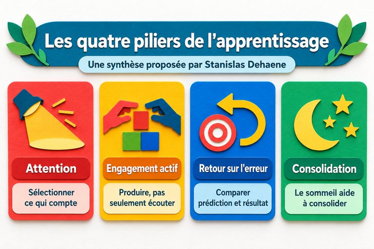 Infographie en papier découpé : les quatre piliers de l'apprentissage selon Stanislas Dehaene, attention, engagement actif, retour sur l'erreur et consolidation