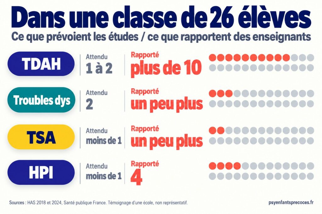 Infographie : dans une classe de 26 élèves, nombre d'enfants attendus selon les études et nombre rapporté par des enseignants pour le TDAH, les troubles dys, les TSA et le HPI